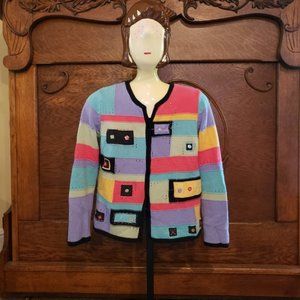Koret Women's Multi-Colored  Vintage Cardigan with Cute Square Buttons (EUC)